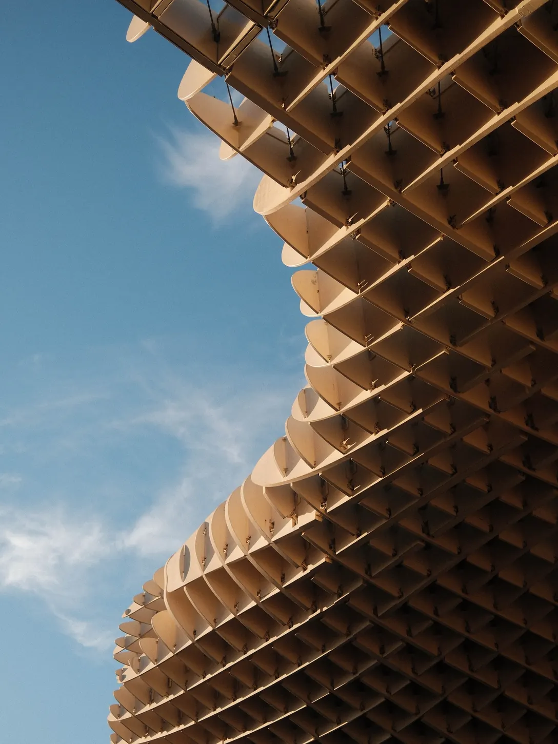 Geometric timber canopy against a clear blue sky